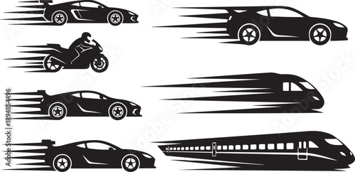 Vehicles in Motion Silhouettes Speeding Along a White Background