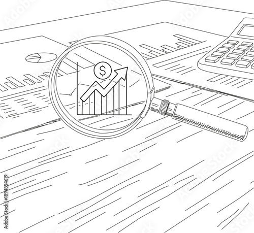 Hand drawn financial analysis concept. Magnifying glass focusing on rising dollar chart and business growth sketch.