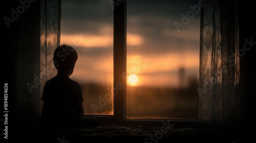 A child looking out the window waiting for the sun to set, reflection in glass, anticipation