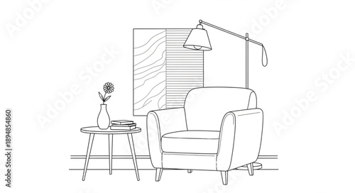 Cozy armchair with a small table and lamp illustration.