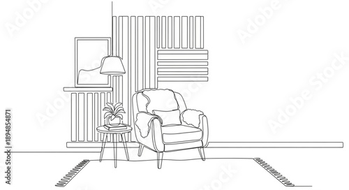 Cozy armchair with lamp and bookshelf in a minimalist room.