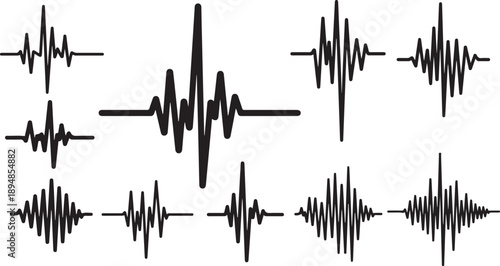 Sound wave patterns and audio signal graphics on white