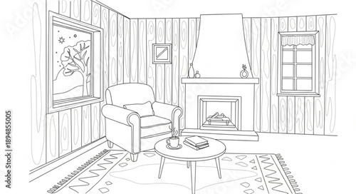Cozy Living Room Scene with Armchair and Fireplace Sketch.
