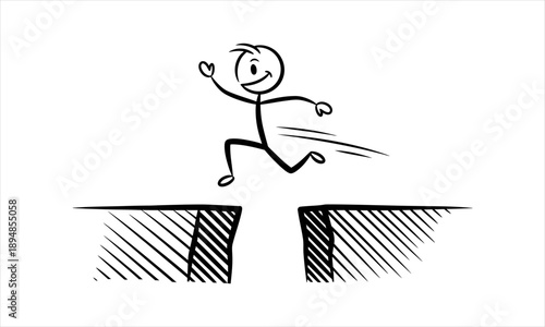 Stick figure leaping across a gap in a humorous, illustrative style
