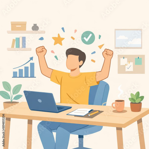Happy Freelancer Celebrating Work Success at Home Office Flat Vector Illustration