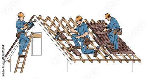 Construction workers installing roof tiles on a new building.
