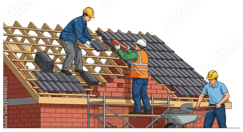 Construction workers installing roof tiles on a new building.