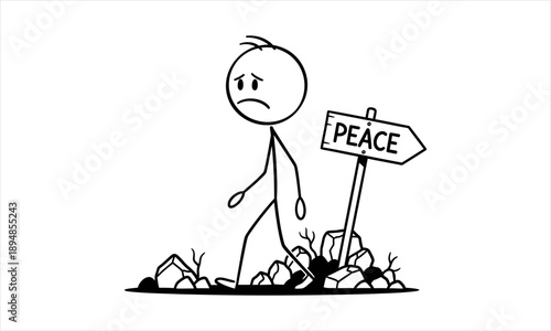 Sad stick figure walking towards a sign pointing to peace