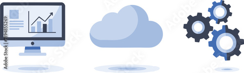 Modern data analysis concept with cloud storage and interconnected gear mechanisms vector illustration.