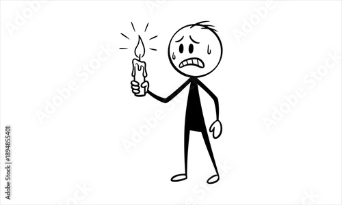 Worried man holding a burning candle in a dark setting