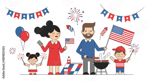 American family celebrating 4th of July with barbecue