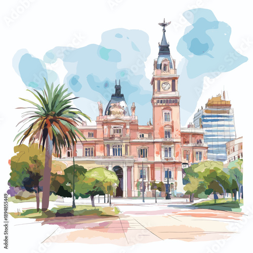 Plaza de Mayo and Casa Rosada. Plaza de Mayo and Casa Rosada hand drawn watercolor illustration