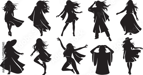 Silhouettes of Women Dancing in Various Poses and Outfits