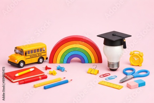 School Days: A vibrant ensemble of academic essentials, from the school bus to the graduation cap, presents a visual celebration of education and learning. 