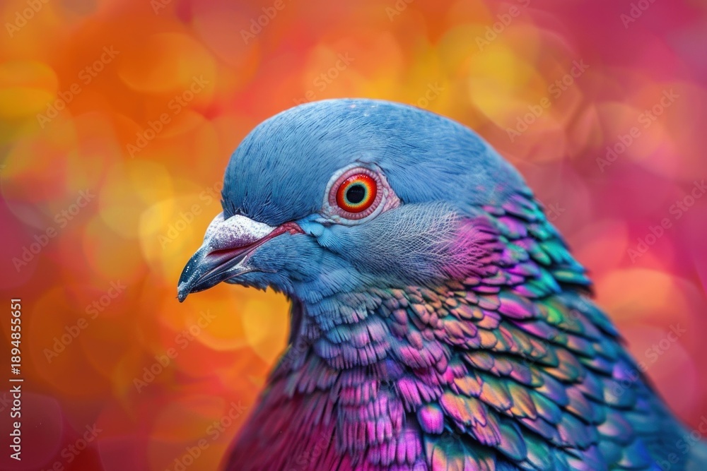 Fototapeta premium Beautiful pigeon with iridescent feathers is posing in front of a colorful bokeh background