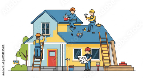 Construction workers renovating a house exterior with ladders and tools.