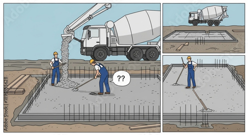 Construction workers pouring concrete foundation for a building.