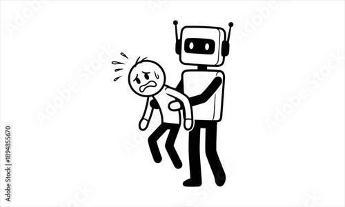 Human vulnerability Robot carries a distressed person, representing technological change