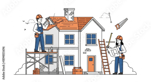 Construction workers renovating a house with tools and scaffolding.