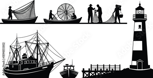 Black Silhouette Collection Of Commercial Fishing Boats Fishermen With Nets And Lighthouse For Nautical Sea Industry Coastal Design And Marine Travel Vector Illustration Isolated