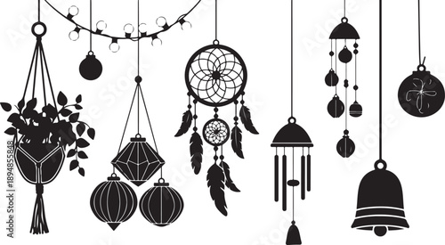 Black and white hanging ornaments and dreamcatcher illustrations