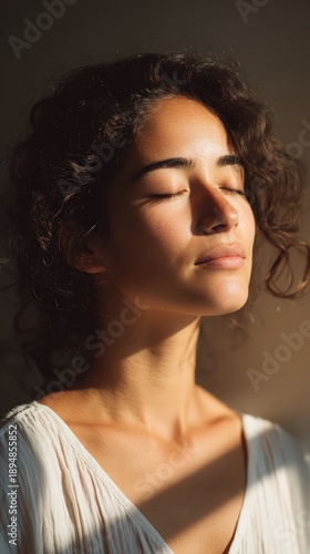 Woman practicing deep breathing meditation at home, focusing on mindful relaxation and anxiety reduction, promoting mental wellness, emotional balance, and healthy self care in a calm indoor lifestyle