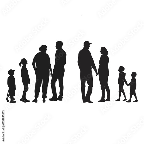Diversity and Inclusion: A group of six diverse people silhouettes standing in a line, including a person in a wheelchair and an elderly person with a cane.