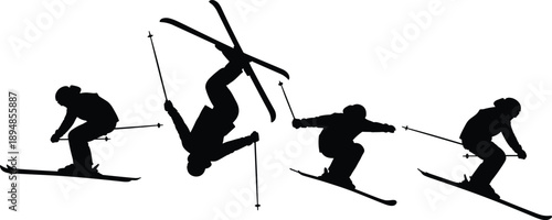 Black Silhouette Collection Of Professional Skiers Performing Extreme Freestyle Stunts Including Backflips And Jumps For Winter Sports Competition And Alpine Resort Vector Illustration