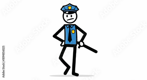 Stick Figure Police Officer Standing Confidently Holding Baton.