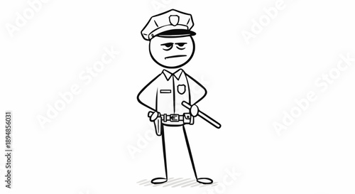 Stick Figure Police Officer Standing Firmly With Baton.