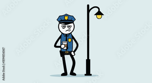 Stick figure police officer standing guard by a lamppost.