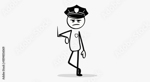Stick Figure Police Officer Standing Guard Uniform Hat.