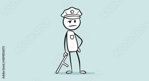 Stick Figure Police Officer Standing Guard with Baton.