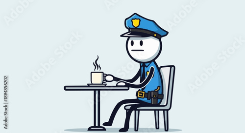 Stick Figure Police Officer Sitting at Table Drinking Coffee.