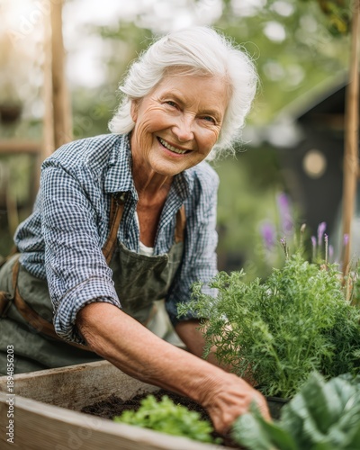 Elderly woman gardening outdoors in a peaceful retirement community. Independent living, healthy aging, and daily activity. Senior care insurance themes and long term quality of life planning.