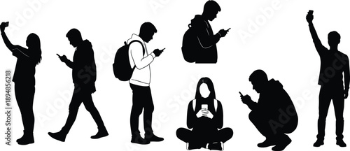 Black silhouette set of diverse people using mobile smartphones for texting taking selfies and browsing internet isolated on white background for modern technology vector design