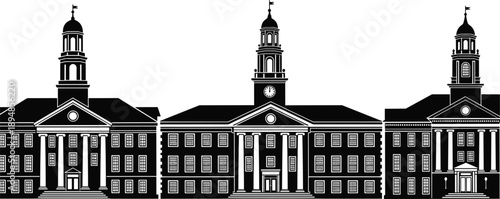 Black Silhouette Of Historic University Campus Buildings Featuring Neoclassical Architecture Clock Tower And Columns For Education Government Or City Skyline Vector Illustration Isolated