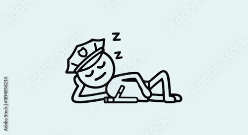 Stick figure police officer sleeping on duty cartoon illustration.