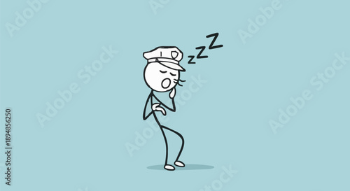 Stick figure police officer sleeping on duty cartoon.