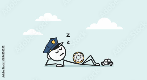 Stick Figure Police Officer Sleeping Next to Donut and Toy Car.