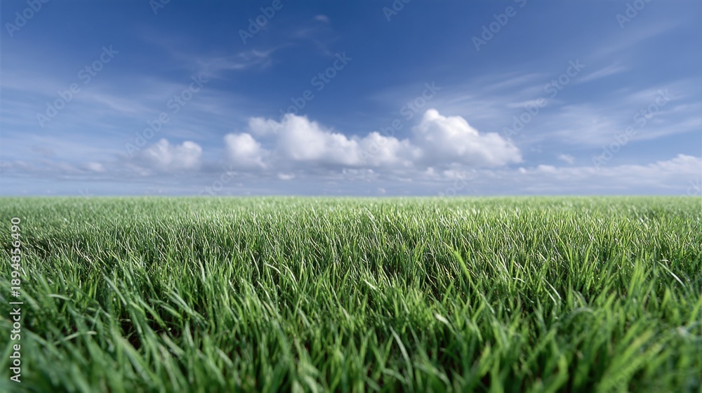 Obraz premium Lush Green Grass with Clear Blue Sky and Soft White Clouds in an Expansive Landscape Under a Bright Daylight Setting