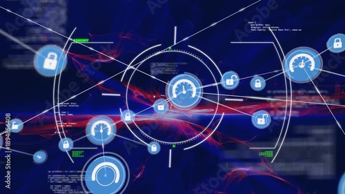 Animation of scope scanning over network of digital icons against data processing on blue background