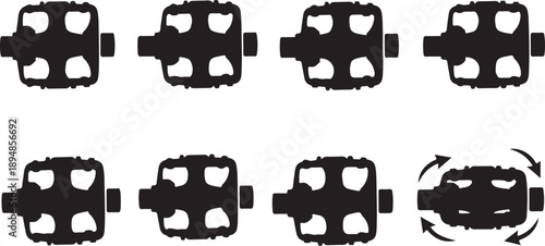 Set of bicycle clipless pedals in various positions shown