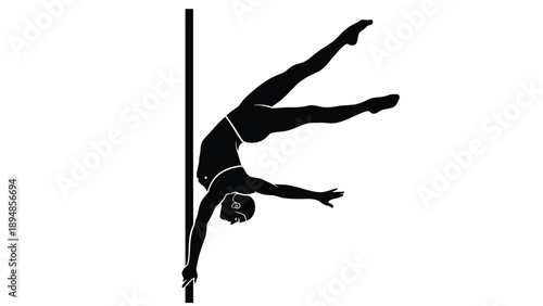 Black Silhouette of an Athletic Pole Dancer or Gymnast Performing on a Pole