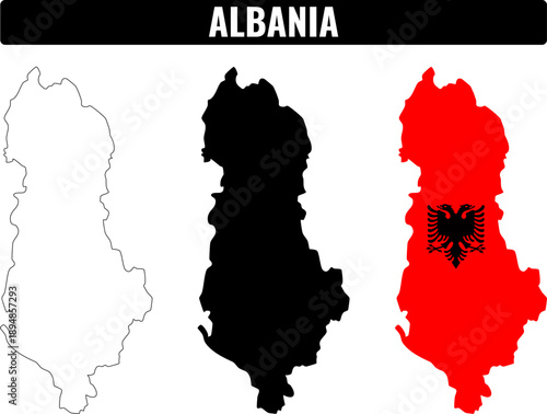 Shapes of Albania shown in three different styles, including outline and colored design with emblem