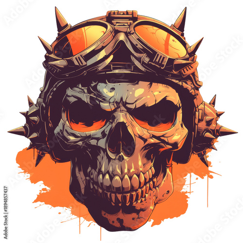 A menacing, stylized skull wearing a spiked helmet with orange-tinted goggles and glowing eyes, set against an orange paint splatter background.