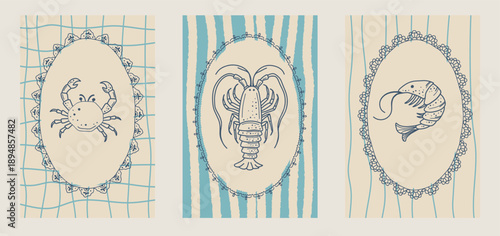 Decorative Italian frame illustration inspired by beach picnic and Amalfi Coast. Whimsical lace border for seafood menu, food poster, kitchen art and print.