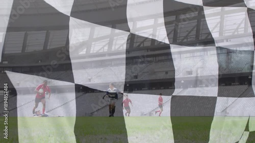 Animation of checkered flag over diverse rugby players at stadium