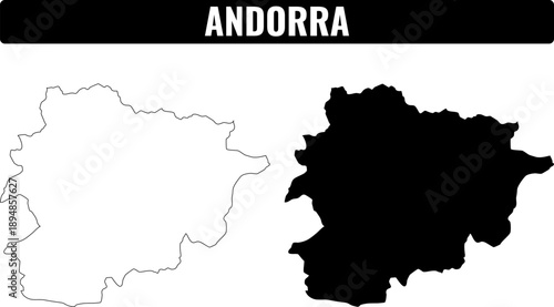 Shapes of Andorra displayed in two forms showing the outline and filled black silhouette