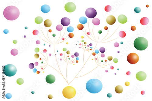 A colorful abstract vector design featuring multicolored glossy circles arranged like branching tree shapes. The vibrant rainbow spheres create a playful, modern, and dynamic composition
